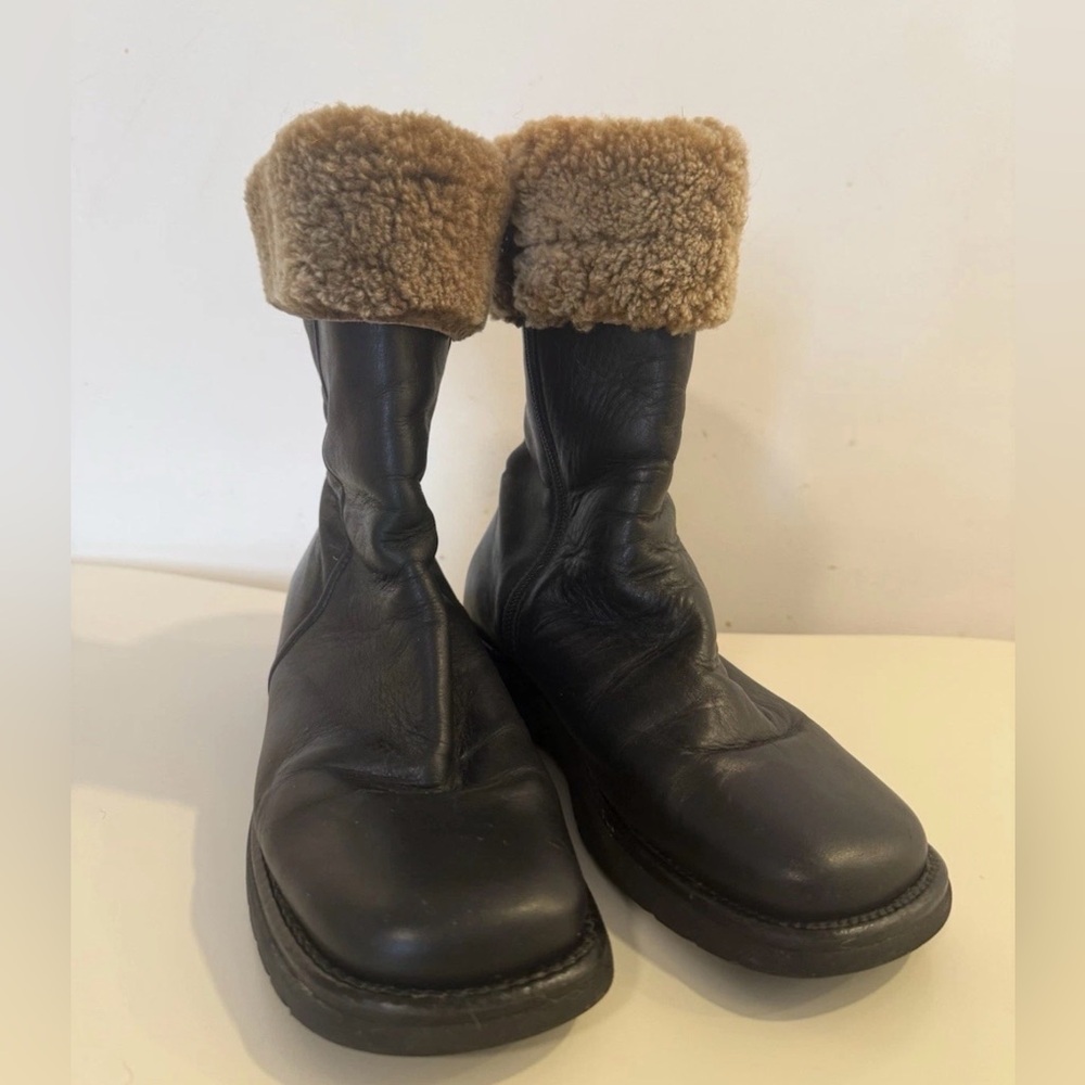 Made In Italy brown Shearling cuff Lined Black Leather Boot Size 37